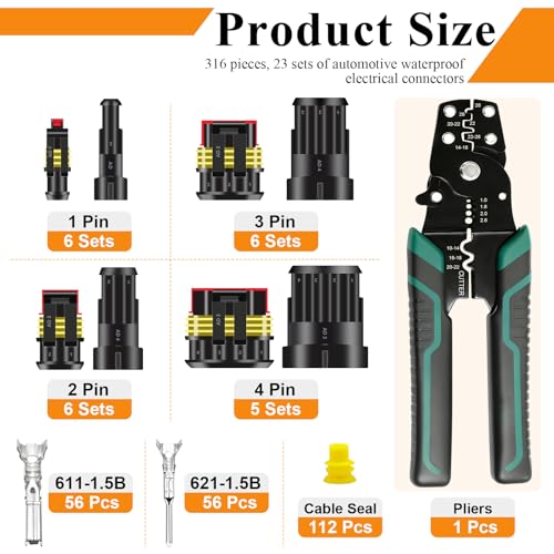 316PCS 23 Sets Waterproof Automotive Electrical Connectors Waterproof Wire Connectors Automotive Replacement Ignition Plug Connectors 1/2/3/4 Pin with Crimper Pliers - color: Black, size: 316pcs