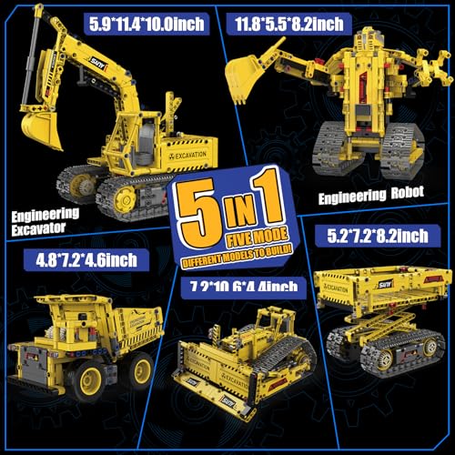 5-in-1 RC Excavator Building Kit for Kids 6+ | STEM Toys|555pcs App/Remote Controlled Excavator Kit | for Boys & Girls Ages 6+ | Rechargeable l Coding Robot Toy - style: K96173