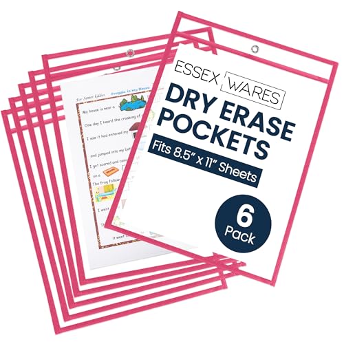 Essex Wares - 6 Pack, Hot Pink Dry Erase Pockets, 10" Wide x 13.5" Tall - color: Hot Pink