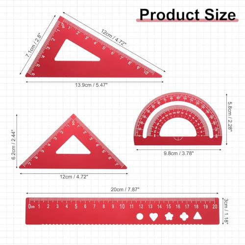 PATIKIL 4Pcs Geometry Drafting Tool, Aluminum Alloy Geometry Kit Math Tool - color: Red, size: 20cm