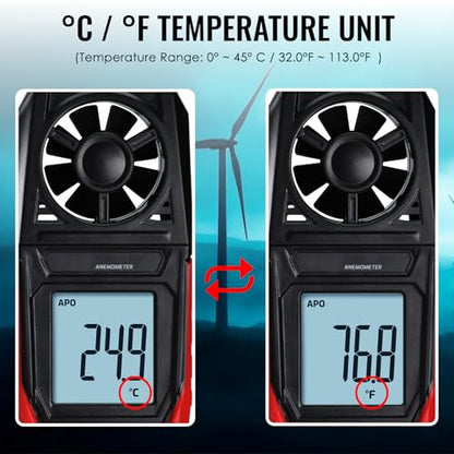 Digital Anemometer Handheld Wind Speed Meter – Measures Wind Speed in m/s, km/h, ft/min, mph, Knots & Air Temperature – Max/Min, Data Hold, Backlit Display – for HVAC, Sailing, Weather, Drone Flying