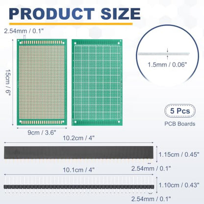5Pcs 15x9cm PCB Prototype Board w 40-Pin Headers, Green - size: 15x9cm(2.54mm Pitch/1.5mm T)