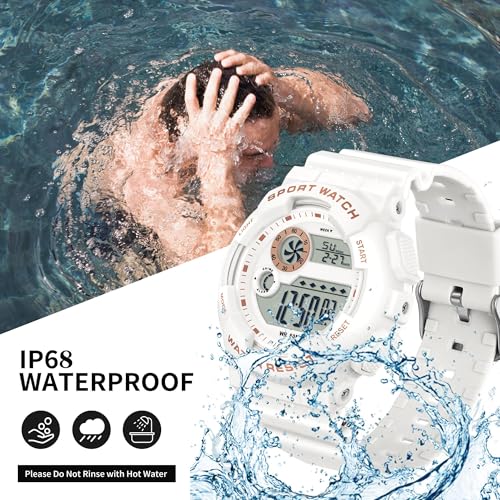 findtime Digital Watch Womens Sport Waterproof White Wrist Watches for Women with Alarm Stopwatch Hourly Chime LED Display 12H/24H Calendar - color: White Rose Gold
