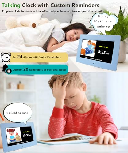 MASSII Digital Teaching Clock Talking Time, 24 Alarms Custom Reminders, Checklist to-Do List, Auto DST & Calendar Display, Sleep Trainer, Easy to Use for Kids Birthday Gift- Blue with Remote - color: Kids-blue