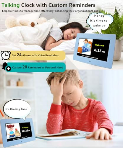 MASSII Digital Teaching Clock Talking Time, 24 Alarms Custom Reminders, Checklist to-Do List, Auto DST & Calendar Display, Sleep Trainer, Easy to Use for Kids Birthday Gift- Blue with Remote - color: Kids-blue