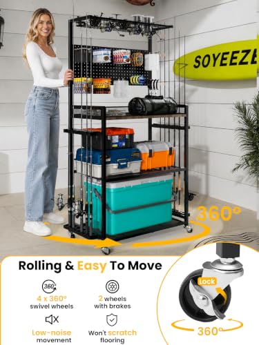 SOYEEZE Fishing Rod Holders for Garage,Fishing Gear Holder for Fishing Rod Tackle Box Storage，Fishing Pole Holders for 12 Rods with Hooks and Pegboard,Fishing Cart with Reel Rack, Large Size - size: Large with wheels