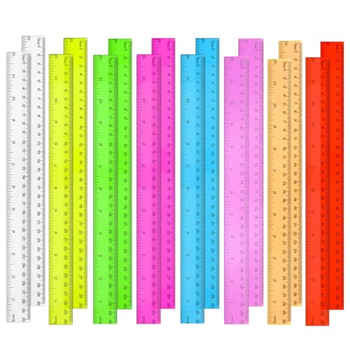 16 Pack Clear Plastic Ruler 12 Inch Transparent Rulers in Bulk,Assorted Colors Ruler with Inches and Centimeters,for Kids Ideal Back to School, Classroom, Office, Home Supplies
