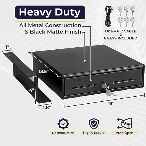 Volcora 13" Electronic Cash Register Drawer with Under Counter Mounting Metal Bracket - POS, 4 Bill 5 Coin Cash Tray, Removable Coin Compartment, 12-24V RJ11/RJ12 Key-Lock, Media Slot, Black - color: Black