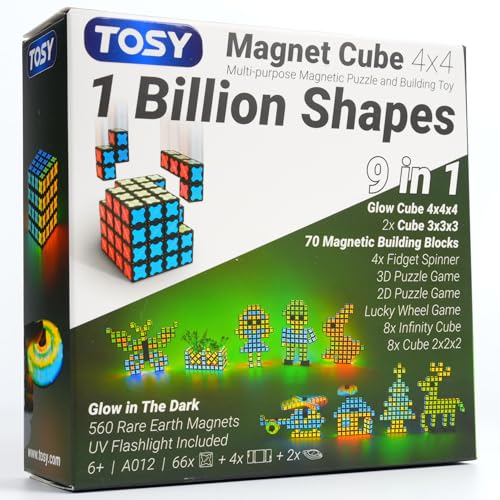 TOSY Magnet Cube 4x4 - 70 Blocks, 560 Magnets, Multipurpose: Creative Building Blocks, Transformable Fidget Spinner, Puzzle/Infinity Cube, Christmas Stocking Stuffers Gift for Kids, Glowing STEM Toy