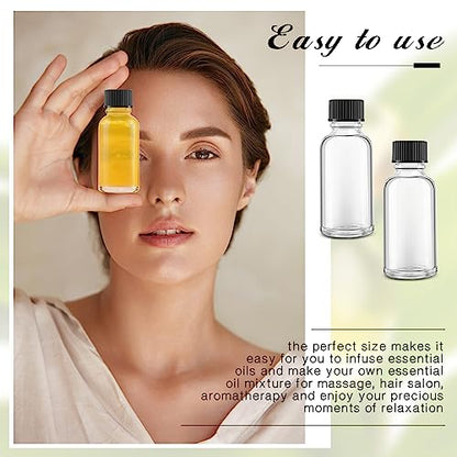 Hsei 24 Pcs 1 oz Glass Bottle with Black Cap Clear Boston Round Bottle