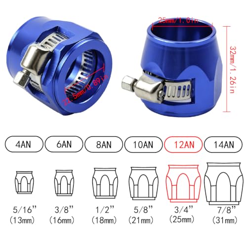Aluminum Hose End Finisher Clamp, Universal Fit, Red Chrome Finish, 4pcs Set for Stainless Steel and Rubber Hoses, Model (Blue, 12AN) - color: Blue, size: 12AN