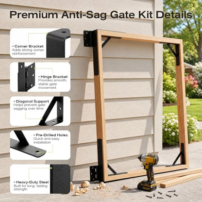 YQE 2 Sets Anti Sag Gate Kit for Wooden Fence, Heavy Duty Gate Hardware with Corner Brace Brackets, Welded Hinges and Self-Locking Gate Latch, Premium No Sag Fence Gate Kit - size: Double Door Set