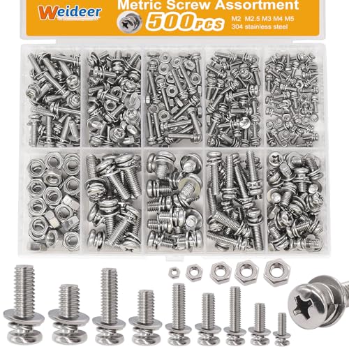 weideer 500Pcs Nut and Bolt Assortment Kit,M2 M2.5 M3 M4 M5 Machine Screws, 304 Stainless Steel Combination Screws for Electronics,Motorcycle,DIY Projects K-188