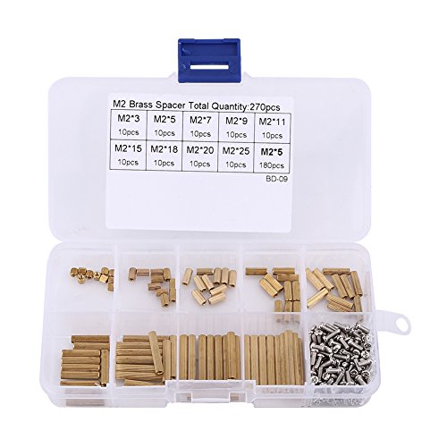 EVGATSAUTO Brass Standoff, 270Pcs M2 3mm 5mm 7mm 9mm 11mm 15mm 18mm 20mm 25mm Female-Female Standoff and M2 5mm Steel Screws Assortment Kit, with Plastic Box