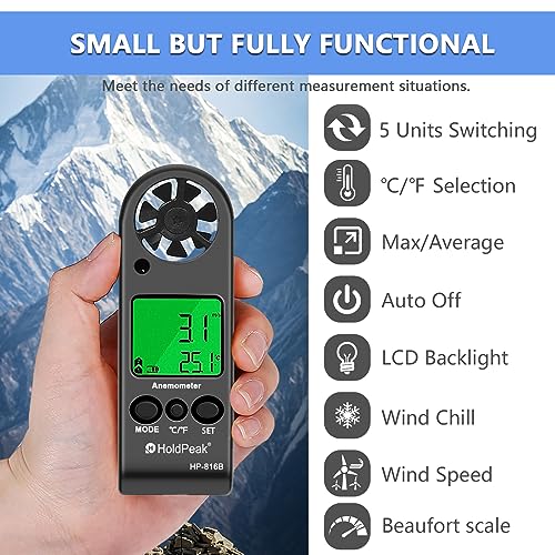 HOLDPEAK Pocket Anemometer Handheld Digital Wind Speed Meter Gauge Air Flow Velocity Temperature Measuring Device for Outdoor Sailing Surfing Drone Flying Golf Shooting HVAC 816B - color: HP-816B-1PC