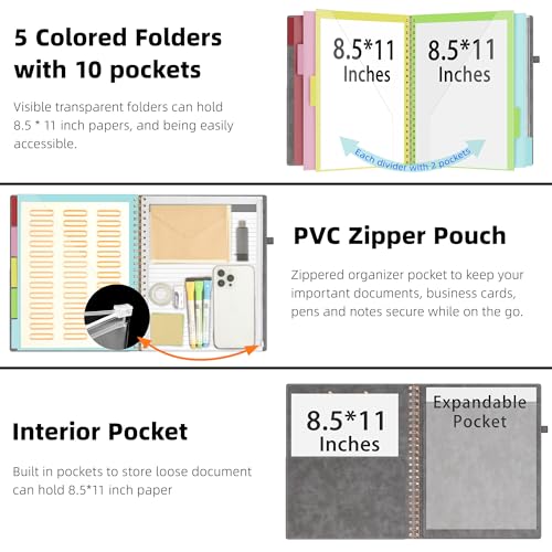 Ospelelf Grey Foldable Clipboard Folio with with Storage Zipper Pouch, Leather Spiral Clipboard Folder with Notepad, 5 Plastic Folders with 10 Pockets, 39 Divider Label Stickers, Pen Loop Series - color: Grey