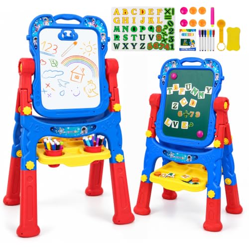 Easel for Kids, Double-Sided Magnetic Drawing Board with Art Set - color: Red