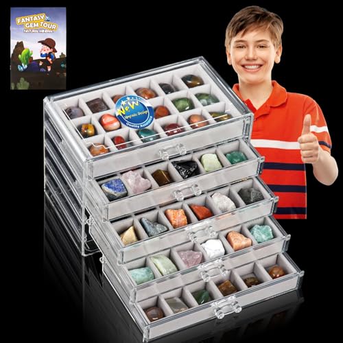 Rock Collection Display Case - Display Shelf for Collectibles - Rock Collections Box for Kids - Rock Collection Storage - Rock Collections Box for Kids 90 Grids - size: 5 layers