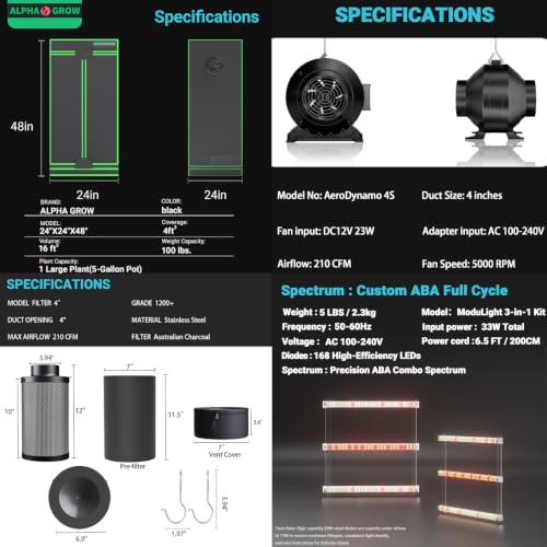 2x2 Complete Grow Tent Kit, 24x24x48 Indoor Grow Tent with 33W ABA LED Grow Light Bars, Inline Duct Fan, Carbon Filter, Fan Controller, 1680D, Silver Ducting, Hydroponic Indoor Growing Ventilation Kit