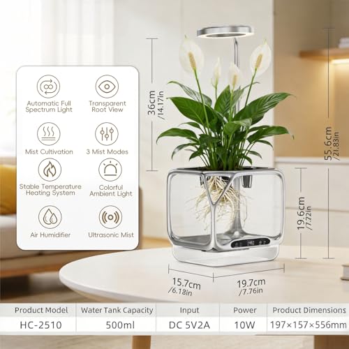 Misting Aeroponics Growing System, Smart Indoor Garden with Grow Light & Humidifier, Visual Root View, RGB Mood Light, Temperature Control, Hydroponic Planter Gift for Plant/Mushroom/Herb