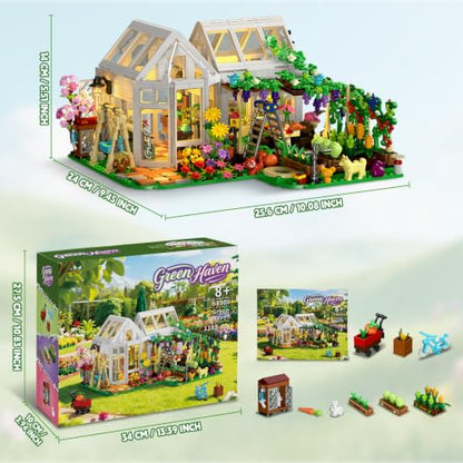 Flower House Building Set with LED Light, Botanical Greenhouse Garden Building Kit for Adults, 1185 PCS Creative Modular Flower House Playset with Fruits & Plants, Ideal Gift for Teens & Kids 8+