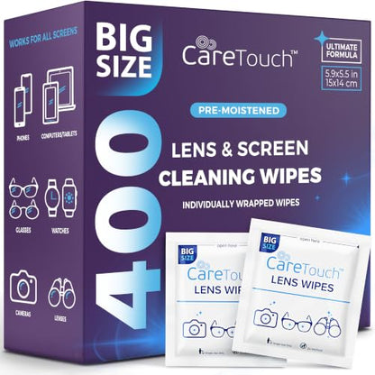 Care Touch Lens Wipes for Eyeglasses- 400 Count Individually Wrapped Pre- Moistened Wipes, 5 x 6 Inch- Camera Lens, Sunglasses and Glasses Cleaner,- Gentle and Portable for Cleaning of Optical Devices - size: 400 Count (Pack of 1)
