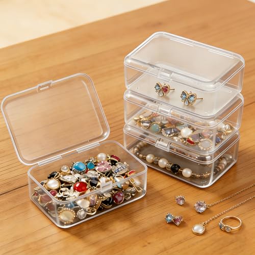 4 Pcs Small Clear Plastic Storage Boxes with Hinged Lids, 3.7x2.5x1 inches