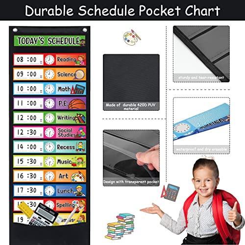 Daily Schedule Pocket Chart Kit,40 Bright Attractive Double-Sided Reusable Erasable Cards,1 Title Card,13+1 Scheduling Pocket Chart with 2 Hangers for Classroom Office Home Preschool Learning (Black) - color: Black