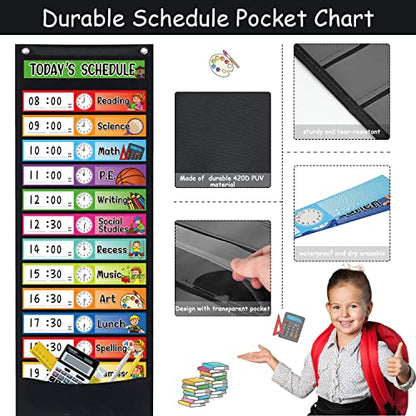 Daily Schedule Pocket Chart Kit,40 Bright Attractive Double-Sided Reusable Erasable Cards,1 Title Card,13+1 Scheduling Pocket Chart with 2 Hangers for Classroom Office Home Preschool Learning (Black) - color: Black