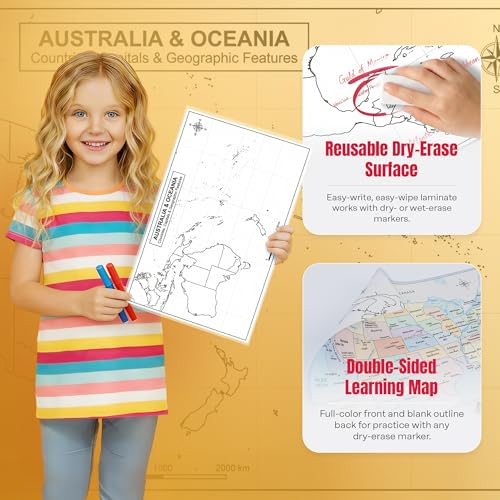 Australia & Oceania Map 11x17 Laminated Dry Erase Geography Chart | Double-Sided with Color Front & Blank Outline Back | Reusable Classroom Tool - color: Australia & Oceania