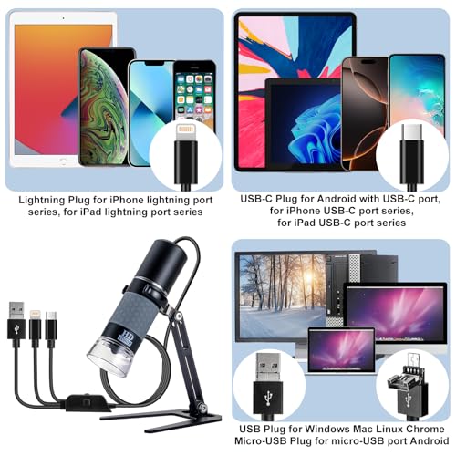 Jiusion 1080P 50-1000x USB Digital Microscope Stand for iPhone Android PC - color: Black/Grey