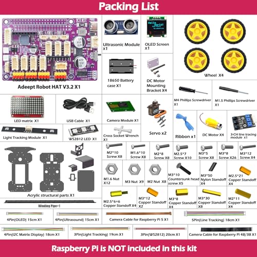 Adeept 4WD Smart Car Kit for Raspberry Pi 5/4B/3B/3B+(Board Not Included), Line Tracking, Light Tracing, Obstacle Avoidance, Servo Motor, OLED Display, Buzzer, LED Dot Matrix Display - style: Ordinary Wheels