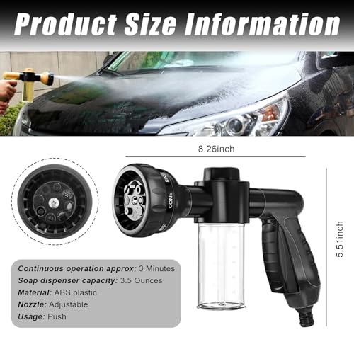 Wevdn Car Wash Nozzle, High Pressure 8 Adjustable Patterns Sprayer with Soap Dispenser, Universal Garden Hose Foam Nozzle for Car Washing and House Cleaning, Car Accessories (Black) - color: Black