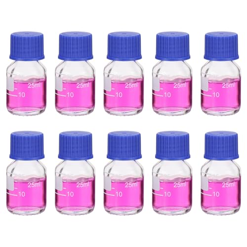 PATIKIL 10 Pack Reagent Media Storage Bottles, 25ml Borosilicate Glass Graduated Round Bottles with GL32 Blue Screw Cap for Lab Water Reagent Liquids, Clear - size: 25ml