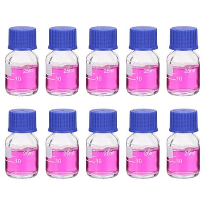PATIKIL 10 Pack Reagent Media Storage Bottles, 25ml Borosilicate Glass Graduated Round Bottles with GL32 Blue Screw Cap for Lab Water Reagent Liquids, Clear - size: 25ml