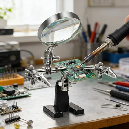 Helping Hands Magnifier Glass Stand with Alligator Clips - 5X Magnifying Lens, Perfect for Circuit Board Repair, Electronics Soldering, Hobby Crafts