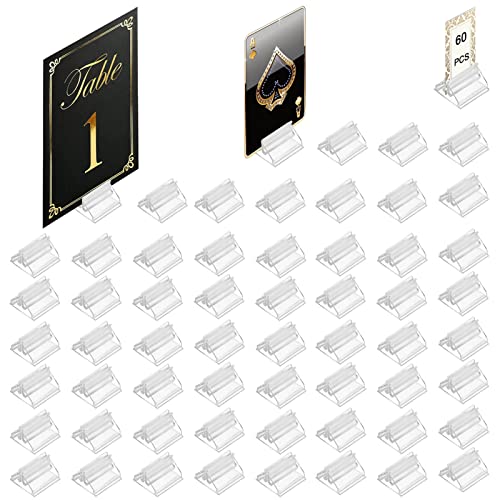 Table Number Place Card Playing Card Holders 60 Pack, Small Clear Acrylic Business Card Holder Stand for Display Paper Game Piece Picture Clip Price Board Photo Memo Menus Label Stand Party, 0.75in