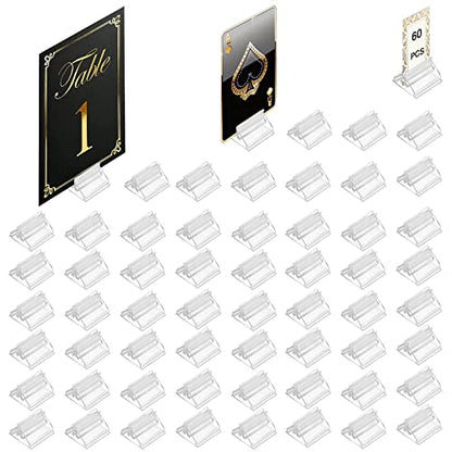 Table Number Place Card Playing Card Holders 60 Pack, Small Clear Acrylic Business Card Holder Stand for Display Paper Game Piece Picture Clip Price Board Photo Memo Menus Label Stand Party, 0.75in