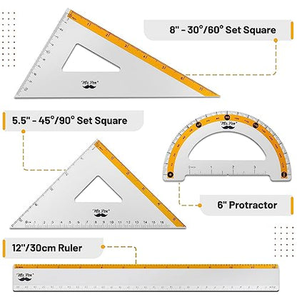 Mr. Pen- Metal Geometry Kit, 4 Pack, 45° & 30°/60° Set Squares - color: Yellow Stripes