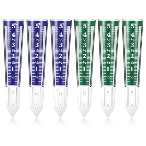 6 Pcs Rain Gauge Outdoor, 5 Inch Capacity Plastic Easy to Read Rain Gauges Measure and Monitor Precipitation Magnifying Scale and Numbers for Garden Yard Field Lawn (Blue, Green)