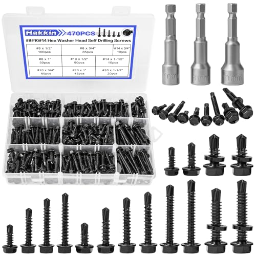 #8#10#14 470Pcs Self Drilling Screws for Metal, Hakkin Self Tapping Tek Screw Assortment Kit, Black Oxide 410 Stainless Steel Sheet Metal Screws Hex Washer Head 1/2" 3/4" 1" 1-1/2", Socket Included - size: M. #8#10#14
