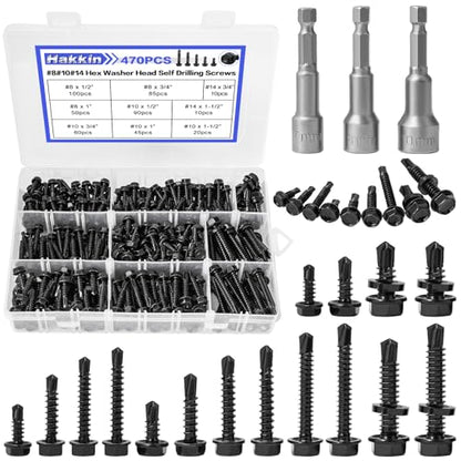 #8#10#14 470Pcs Self Drilling Screws for Metal, Hakkin Self Tapping Tek Screw Assortment Kit, Black Oxide 410 Stainless Steel Sheet Metal Screws Hex Washer Head 1/2" 3/4" 1" 1-1/2", Socket Included - size: M. #8#10#14