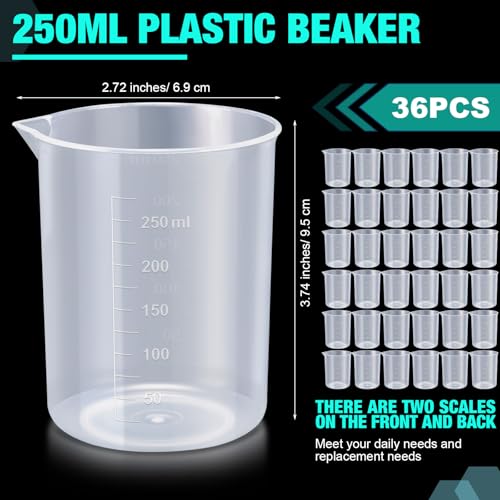 Tanlade 36 Pcs Plastic Beakers Transparent Lab Measuring Cup Clear Liquid Measuring Mixing Cups Raised Graduations, Tapered Spout for Laboratories, Classrooms, Home (250 ml) - size: 250ml