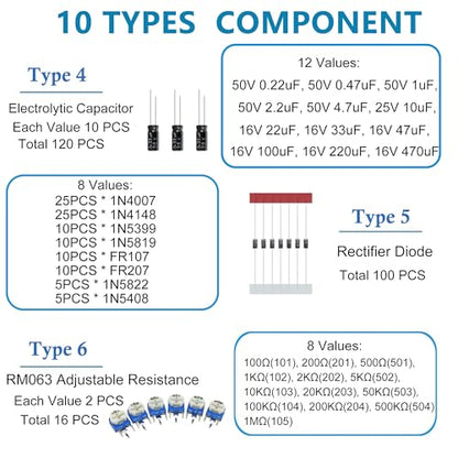 1818PCS 10 Value DIY Electronics Component Kit – Resistors, Capacitors, LED Diodes, Transistors, Zener & Rectifier Diodes, PCB, Potentiometers for Arduino, STEM, Hobby Projects