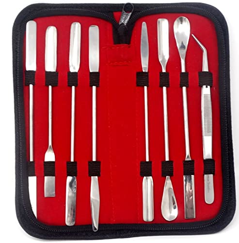 8 PCS Micro Lab Spatula Sampler Set, Stainless Steel Double Ended MutliPurpose Mixing/Filling Spatulas + Tweezer, Square, Scoop, Round & Tapered Arrow End, 7"+6" Length