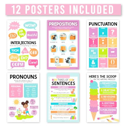 Parts of Speech Posters for Classroom Must Haves, 12 Grammar Posters - color: Colorful Pastel