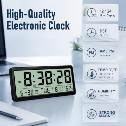 Magnetic Digital Clock with Seconds,8.5inch LCD Alarm Clock for Fridge - color: White