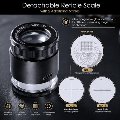 10X Rechargeable Jewelers Loupe Magnifier with LED Lights and 3 Reticle Scales, 25 mm Field of View, Adjustable Focus LED Scale Loupe Jewelry Magnifying Glass for Gems, Coins, Watch, Stamps, Plants - color: 3 Glass Reticle Scale