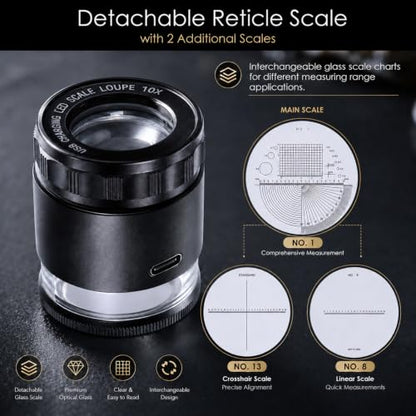 10X Rechargeable Jewelers Loupe Magnifier with LED Lights and 3 Reticle Scales, 25 mm Field of View, Adjustable Focus LED Scale Loupe Jewelry Magnifying Glass for Gems, Coins, Watch, Stamps, Plants - color: 3 Glass Reticle Scale