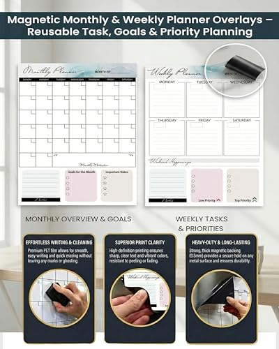 Magnetic Dry Erase Board 12x16 with Handle, Double Sided Portable Black Whiteboard for Home, Office, School & Kitchen, Includes Weekly & Monthly Magnetic Planner Sheets - style: Black Handle + Planner
